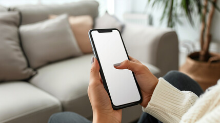 Young woman hands holding cell phone touching finger on mockup white blank display, empty screen for social media app ad at home. Mobile application tech concept, over shoulder view. Generative AI.