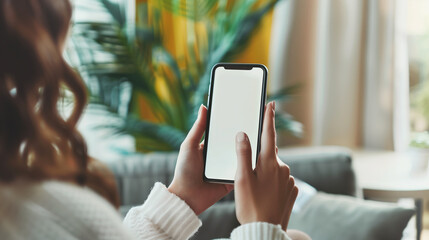 Young woman hands holding cell phone touching finger on mockup white blank display, empty screen for social media app ad at home. Mobile application tech concept, over shoulder view. Generative AI.