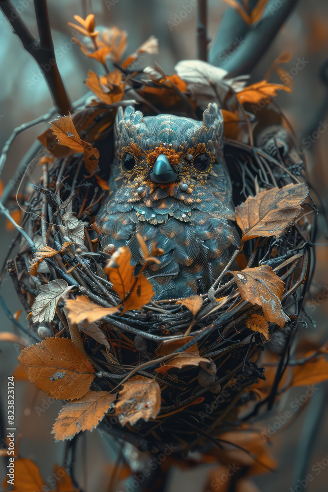 Aufkleber Depiction of a bird using its beak and claws to shape twigs and leaves into a beautifully intricate nest, showcasing the transformation from simple materials to complex architecture,
