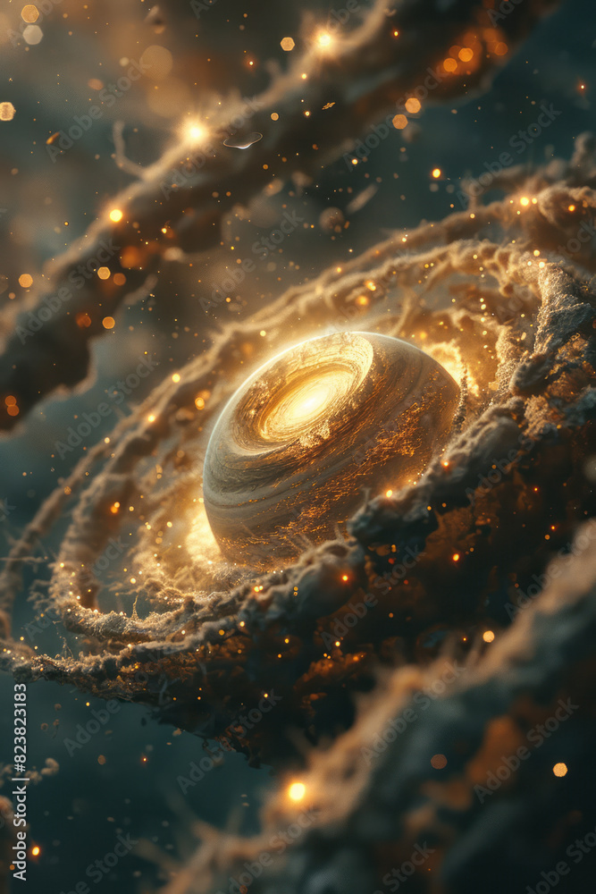 Aufkleber illustration of a nest built within the rings of saturn, with glowing particles and distant stars cr