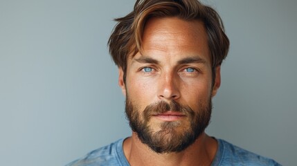 Obraz premium Angry serious Latino man looking at camera, gray background, headshot,Serious Latinx Man with Intense Gaze - Striking 4K Wallpaper