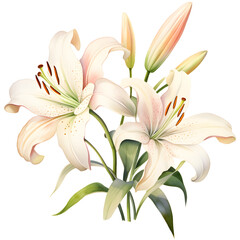 Detailed illustration of white lilies in bloom, showcasing their delicate petals and natural beauty. Perfect for botanical and floral designs.