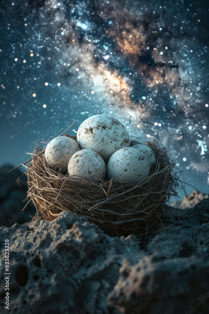 Aufkleber abstract image of a bird's nest resting on a moon, with the milky way stretching across the sky.