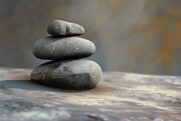 Three smooth stones in a stack represent balance and tranquility against a serene, textured backdrop