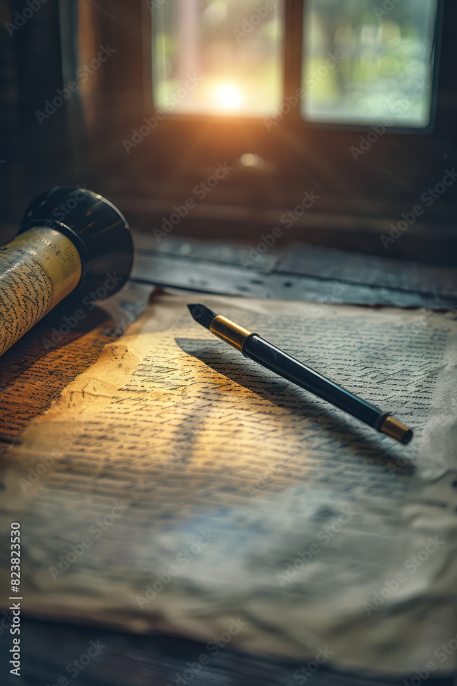 Poster a scene of a hand-held lens focusing sunlight into a bright point on a piece of paper, casting compl