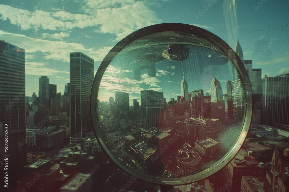 Poster An artistic depiction of a large magnifying glass creating a warped reflection of a city skyline, emphasizing the distortion,