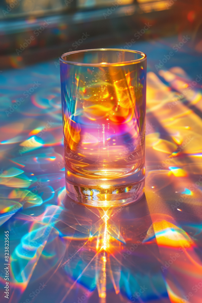 Poster a close-up of a crystal lens projecting intricate rainbow patterns onto a white surface, with the co