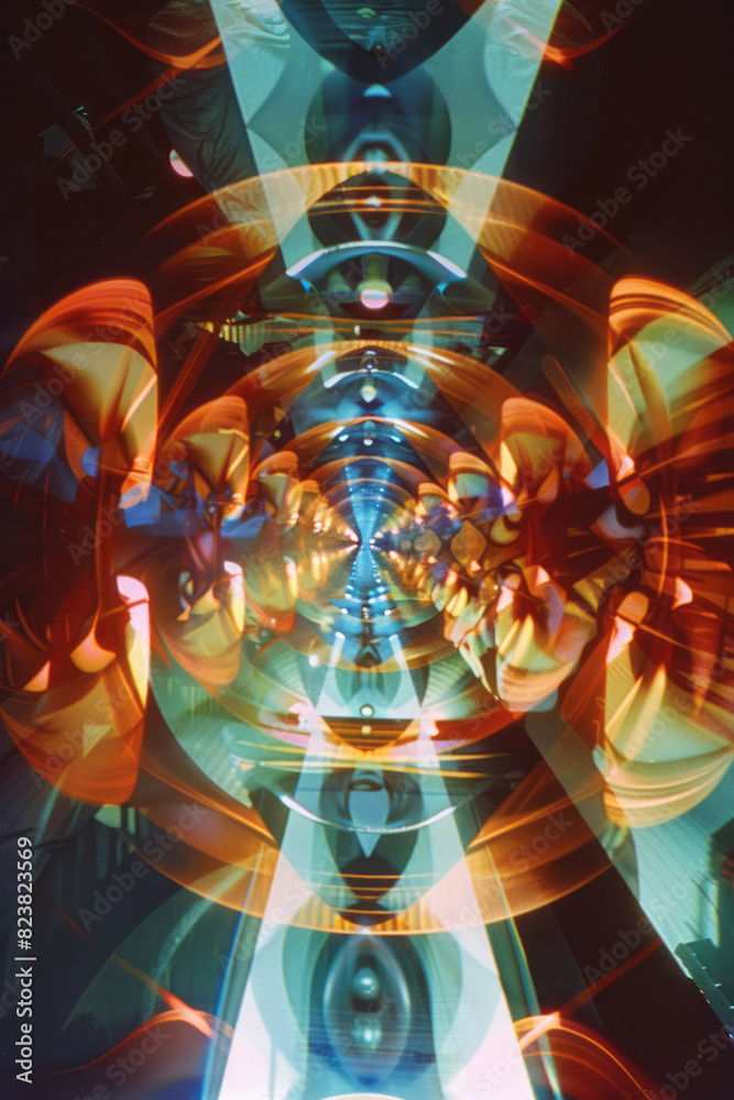Poster An abstract image of multiple overlapping lenses creating a kaleidoscope effect, with vibrant, symmetrical patterns,