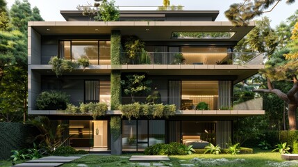 Fototapeta premium Wooden Villa Amidst Serene Garden and Woods