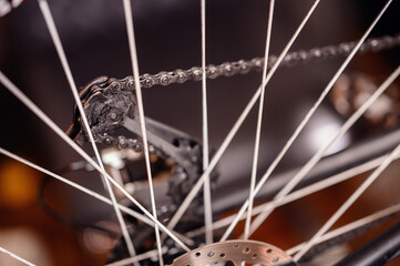 Detailed close-up of a bicycle chain and rear derailleur, showcasing the intricate mechanics and connection points.