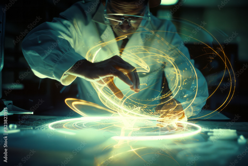 Poster an illustration of a scientist holding a lens that bends and twists light into swirling, abstract sh