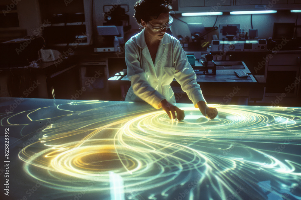 Poster an illustration of a scientist holding a lens that bends and twists light into swirling, abstract sh