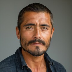 Obraz premium Angry serious Latino man looking at camera, gray background, headshot,Serious Latinx Man with Intense Gaze - Striking 4K Wallpaper