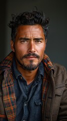 Obraz premium Angry serious Latino man looking at camera, gray background, headshot,Serious Latinx Man with Intense Gaze - Striking 4K Wallpaper