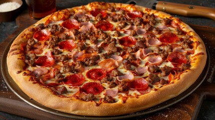 Meat lover's pizza with pepperoni, sausage, and ham on a rustic wooden table