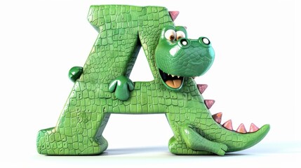 A green crocodile is sitting on top of the letter A