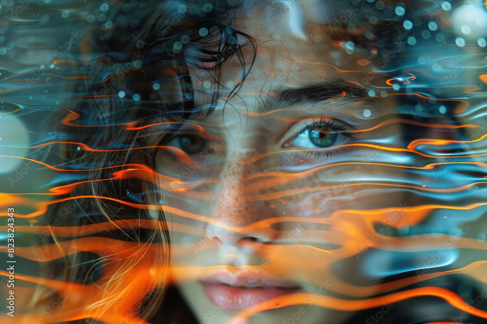 Aufkleber An abstract depiction of a lens creating a distorted, wavy reflection of a personâ€™s face, emphasizing the fluidity of perception,