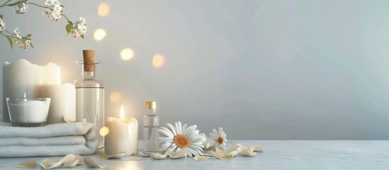 Serene spa with candles, rolled towels, essential oils, and flowers.