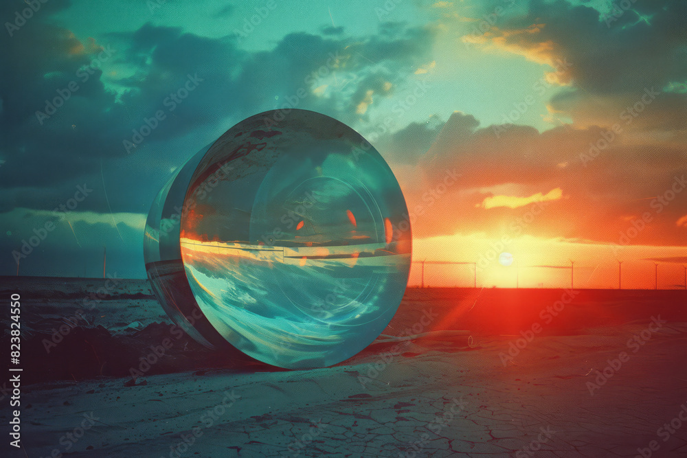 Aufkleber A surreal scene of a large lens floating in the air, bending the light of a sunset into a fantastical array of colors and shapes,