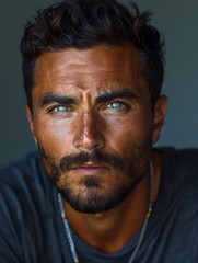 Obraz premium Angry serious Latino man looking at camera, gray background, headshot,Serious Latinx Man with Intense Gaze - Striking 4K Wallpaper