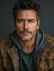 Obraz premium Angry serious Latino man looking at camera, gray background, headshot,Serious Latinx Man with Intense Gaze - Striking 4K Wallpaper