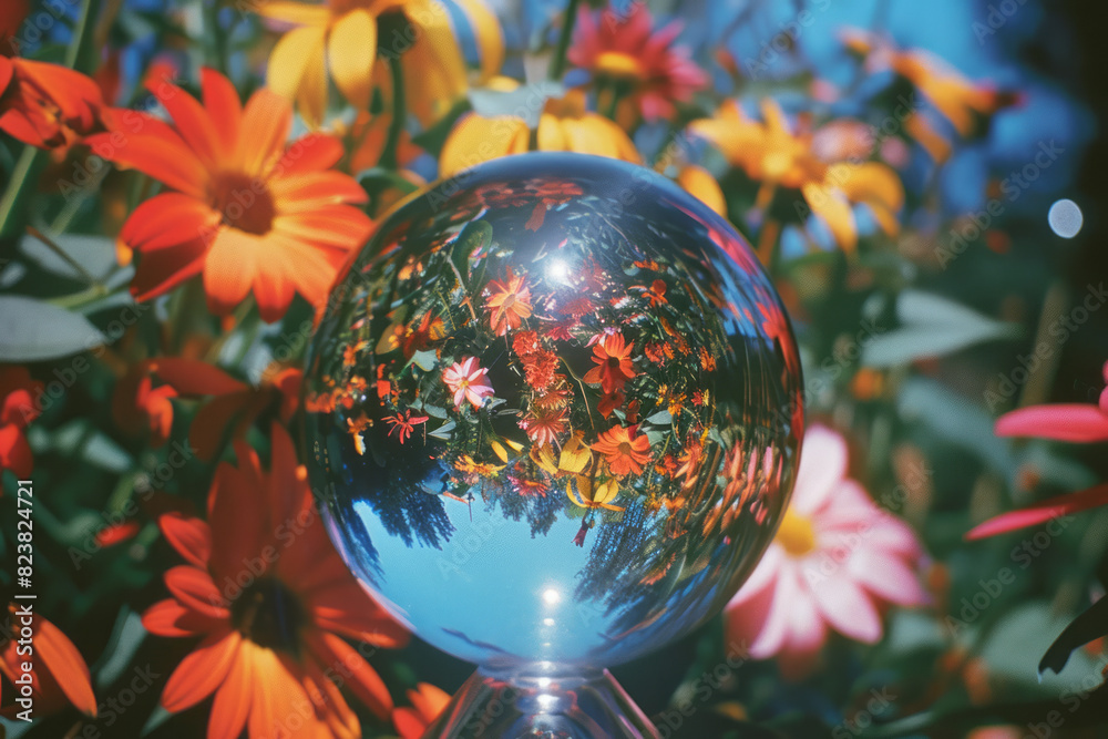 Poster an image of a lens capturing the reflection of a flower garden, with the flowers appearing larger an
