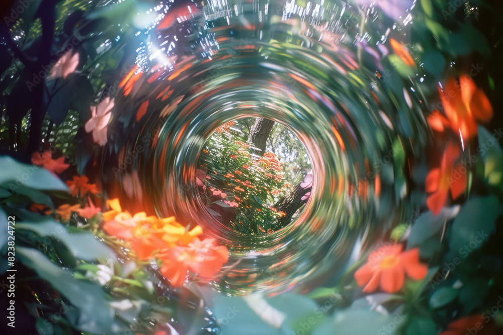 Poster an image of a lens capturing the reflection of a flower garden, with the flowers appearing larger an