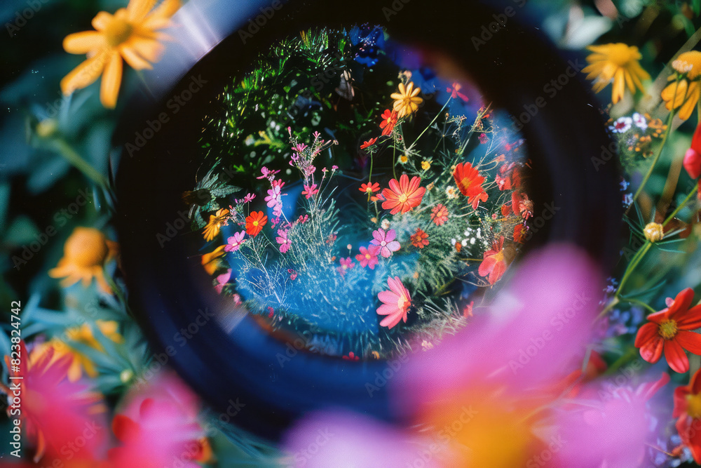 Poster an image of a lens capturing the reflection of a flower garden, with the flowers appearing larger an