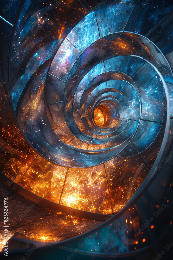 Poster A scene where the elements of a telescope lens are separated and arranged in a spiral pattern, each piece reflecting starlight,
