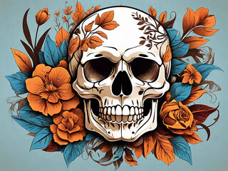 Human skull floral vector illustration skeleton art design with flower
