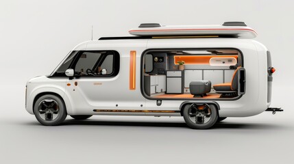 A futuristic white vehicle with a large window and a yellow stripe