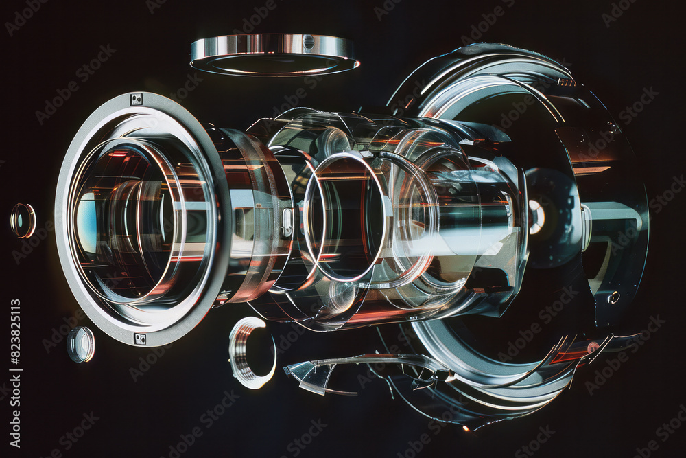 Poster an exploded view of a fisheye lens, with its curved glass elements and metallic housing parts floati