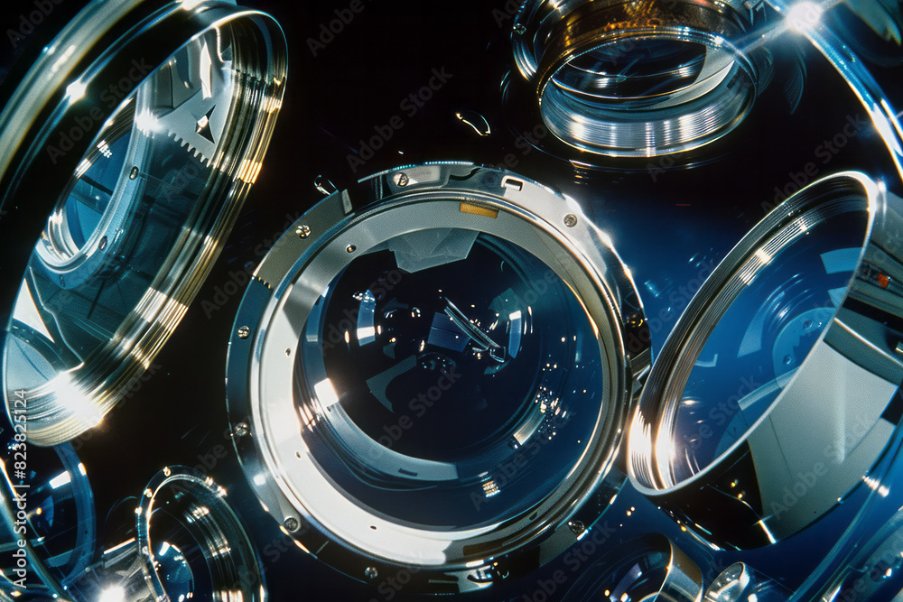 Poster An exploded view of a fisheye lens, with its curved glass elements and metallic housing parts floating in space,