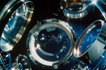 An exploded view of a fisheye lens, with its curved glass elements and metallic housing parts floating in space,