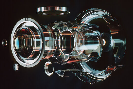 An exploded view of a fisheye lens, with its curved glass elements and metallic housing parts floating in space,