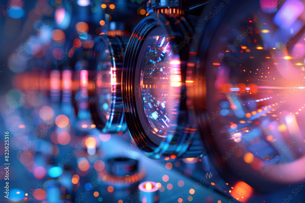 Poster Artistic rendering of a smartphone camera lens, with its tiny lenses and sensors suspended in a geometric arrangement,