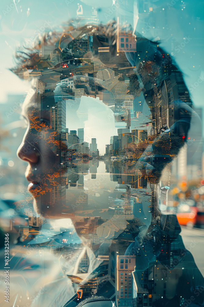 Poster An exploded view of a wide-angle lens, each element floating and reflecting urban landscapes in a distorted manner,