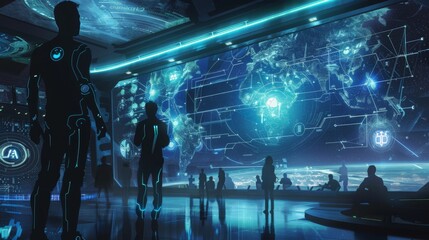 People in a high-tech control room analyze a large digital display showing global data and futuristic interfaces. The illuminated environment suggests advanced technological capabilities.