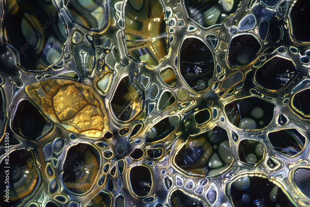 Poster A close-up of a macro lens split into its component parts, each part magnifying intricate textures of nature,