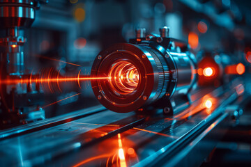 Illustration of a lens used in a laser, with its precise glass elements and coatings floating and bending laser beams,