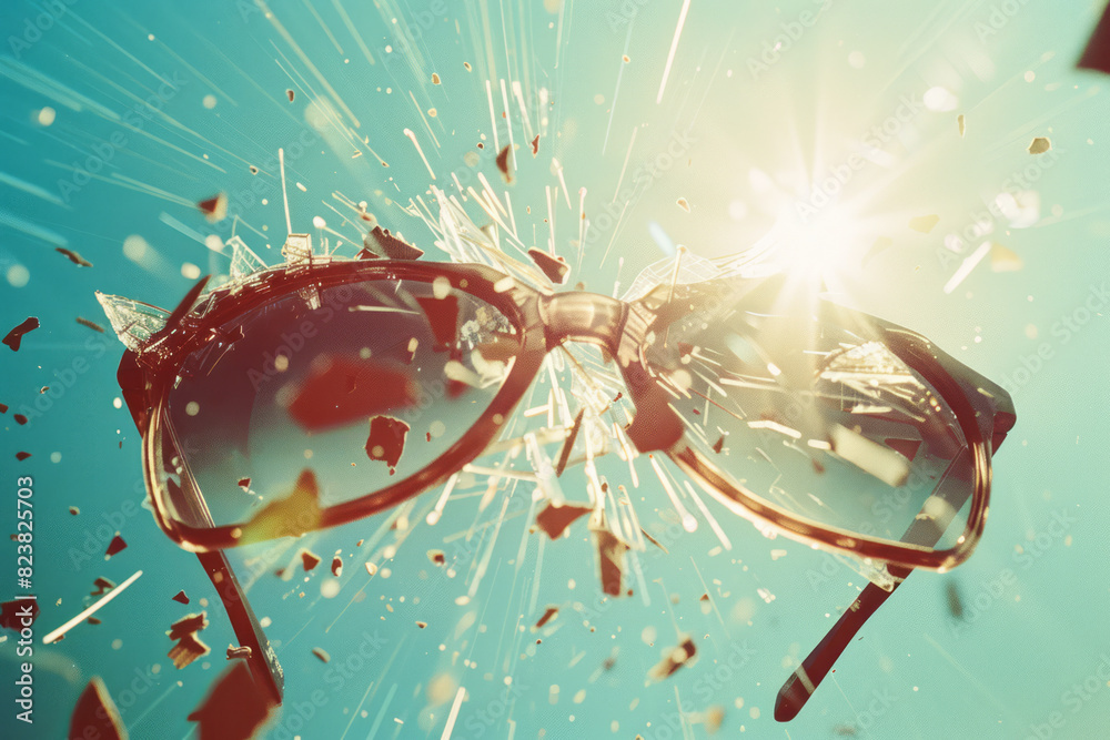 Fototapete An exploded view of a sunglasses lens, with its UV-protection layers and tint separated and hovering in a bright sunlight scene,