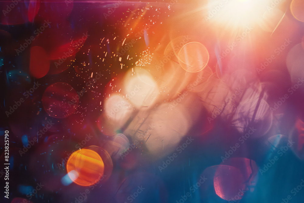 Poster An abstract depiction of a lens flare, with the contributing lens elements floating apart and creating prismatic light effects,