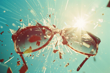 An exploded view of a sunglasses lens, with its UV-protection layers and tint separated and hovering in a bright sunlight scene,
