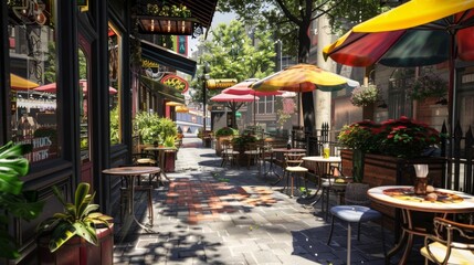 Charming outdoor café with colorful umbrellas and vibrant flowers on a sunny day