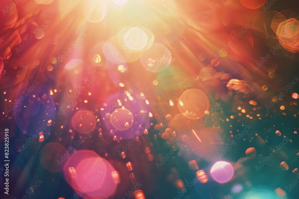 Poster An abstract depiction of a lens flare, with the contributing lens elements floating apart and creating prismatic light effects,