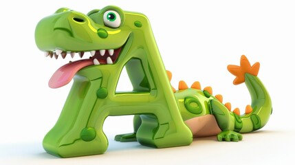 Fototapeta premium A green crocodile is holding the letter A in its mouth