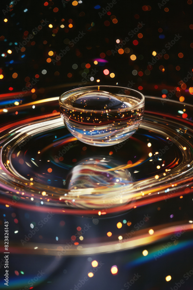 Poster A lens floating in space, releasing streams of color that form abstract, flowing ribbons around it,