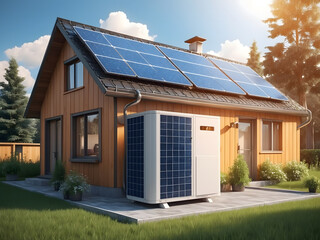 Fototapeta premium Heat pump next to the house and solar panels on the roof. The concept of an energy-efficient home. 3D illustration design 