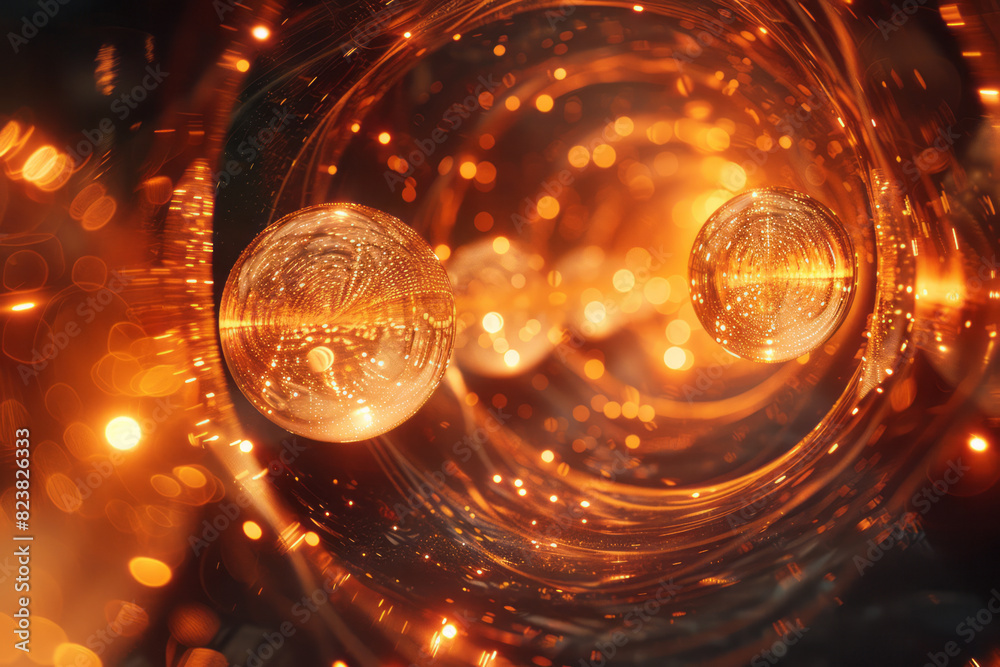 Poster illustration of a lens surrounded by glowing orbs of light, each orb casting complex shadows and pat
