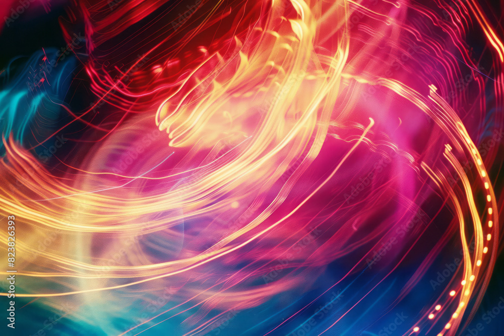Poster A lens emitting pulsating waves of neon colors, creating a dynamic and vibrant abstract scene,